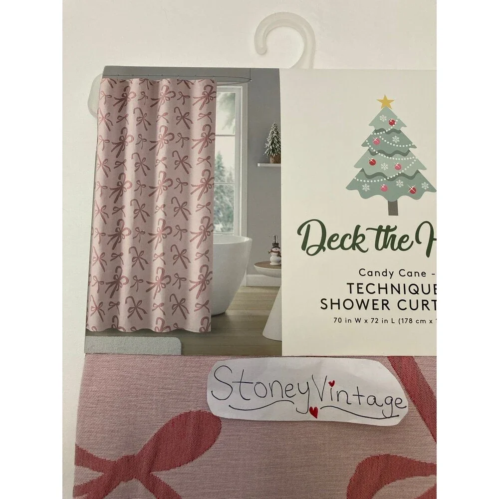 Pink candy cane with pink bow christmas shower curtain